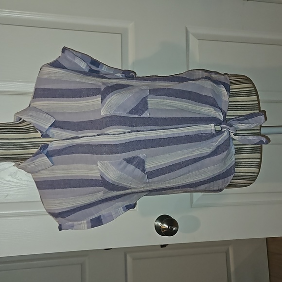 Tea Rose Purple Striped Pockets, Down Buttons Cropped Shirt Tie S - Picture 2 of 11